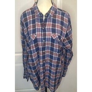 Women’s Eddie Bauer BLUE RED Plaid Button Up Long Sleeve Top Cotton Rayon Sz 2XL